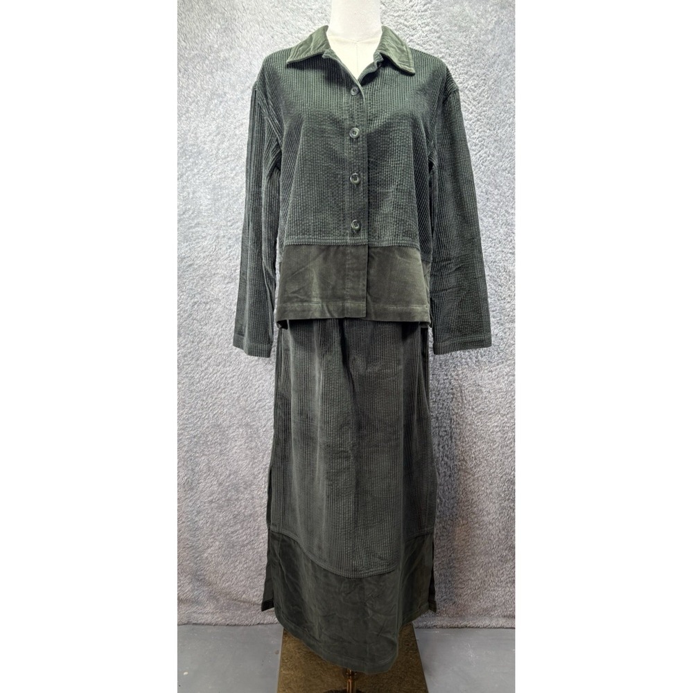 Denim & Co Womens Small Corduroy Jacket Maxi Skirt 2 Piece Set Green Lagenlook